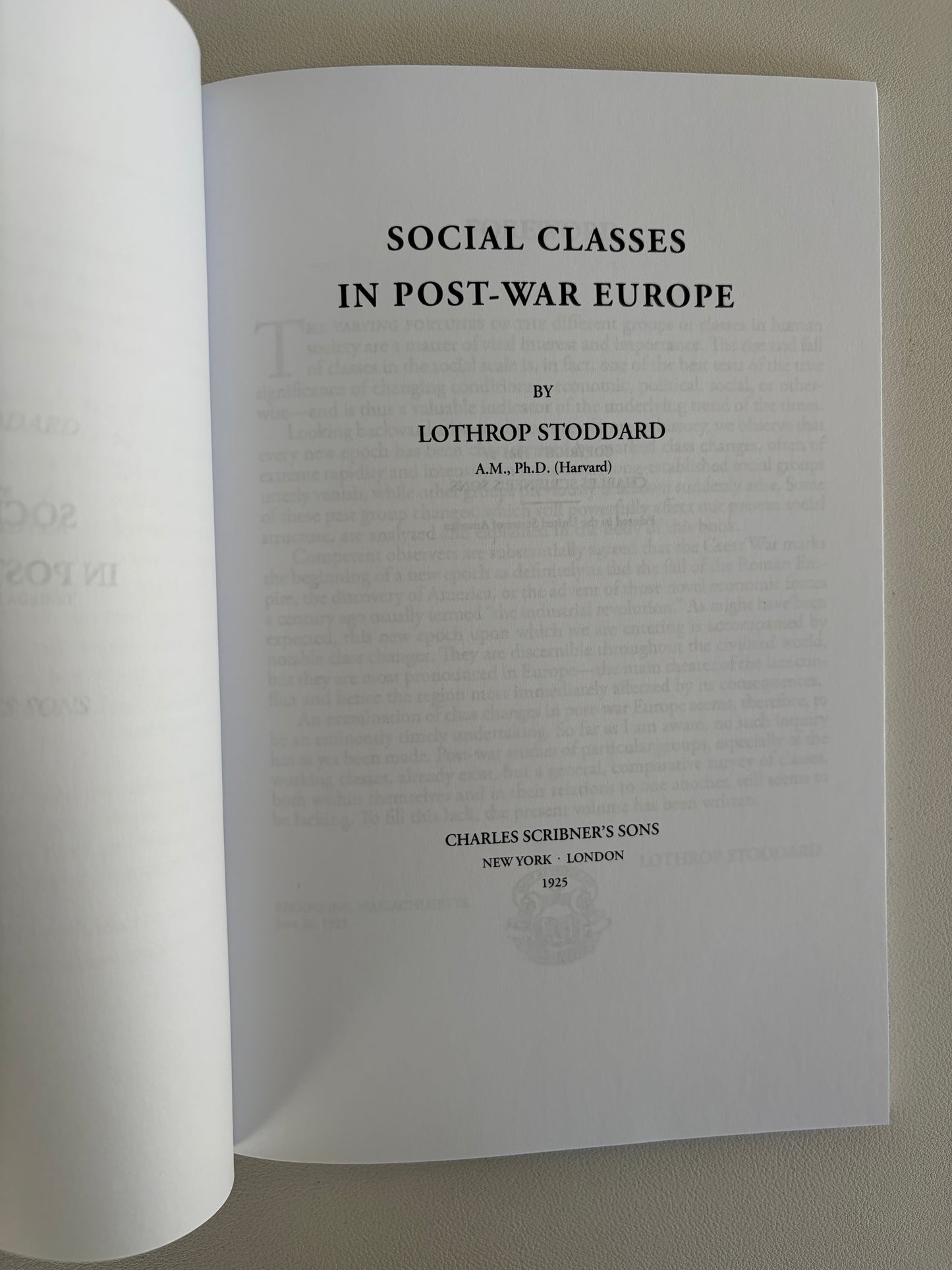 Social Classes in Post-War Europe by Lothrop Stoddard PB
