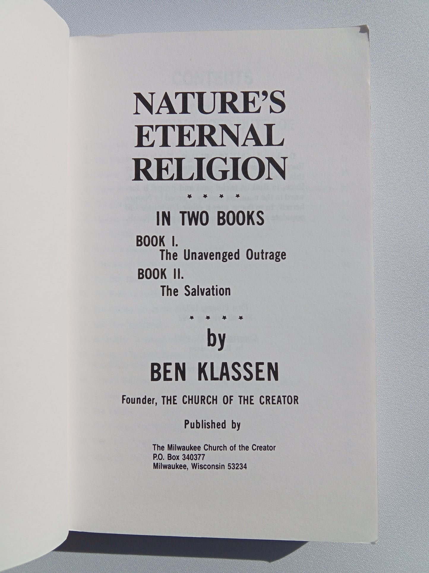 Nature's Eternal Religion by Ben Klassen PB