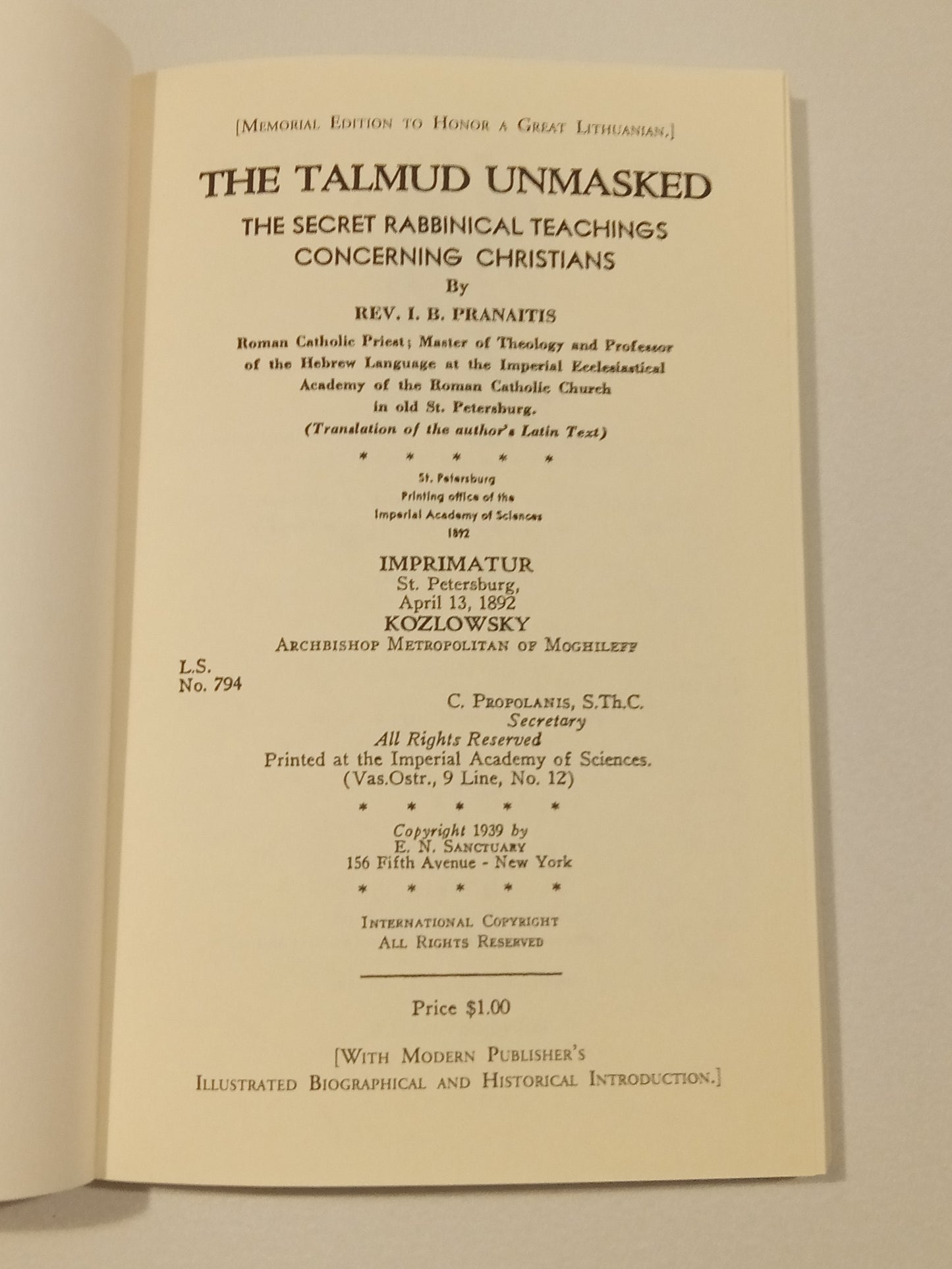 Talmud Unmasked: The Secret Rabbinical Teachings by Justinas Pranaitis PB