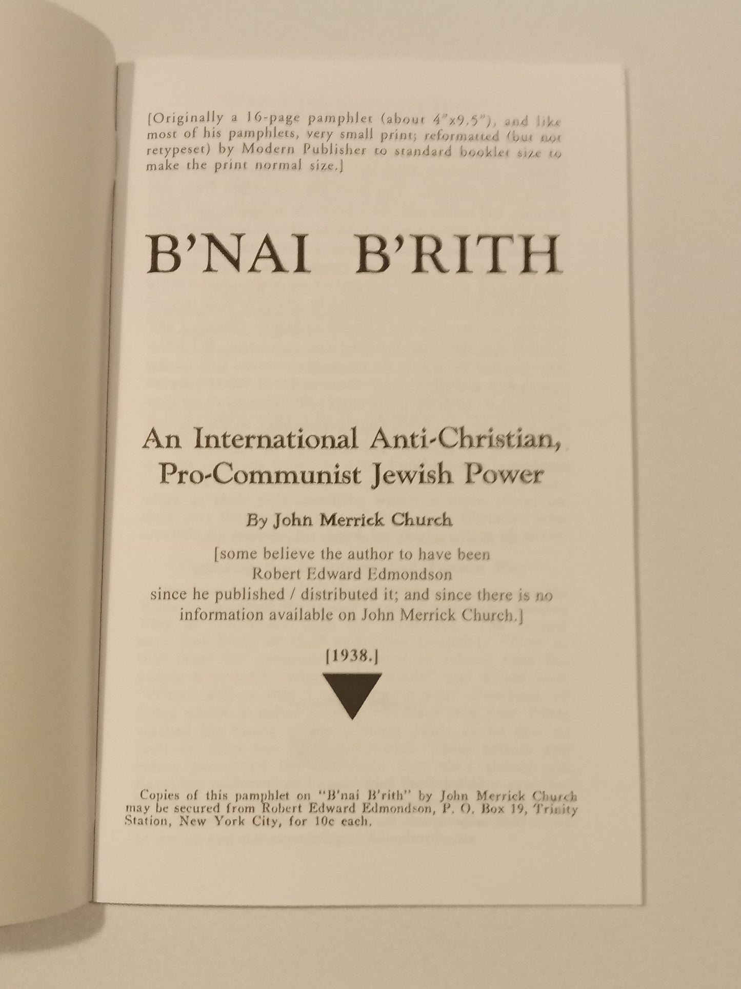 B'nai B'rith: International Pro-Communist Jewish Power by John Church (Robert Edmondson) SB