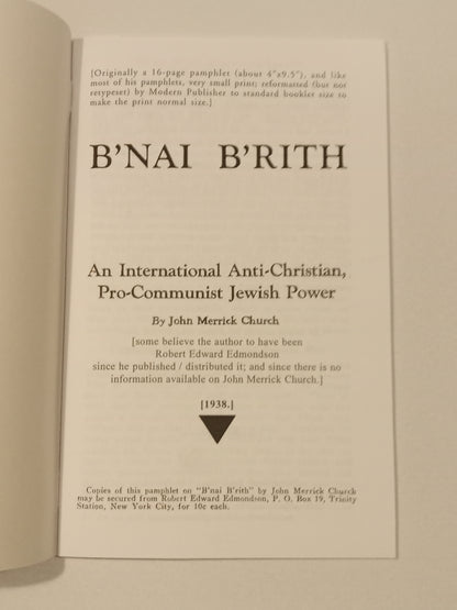 B'nai B'rith: International Pro-Communist Jewish Power by John Church (Robert Edmondson) SB