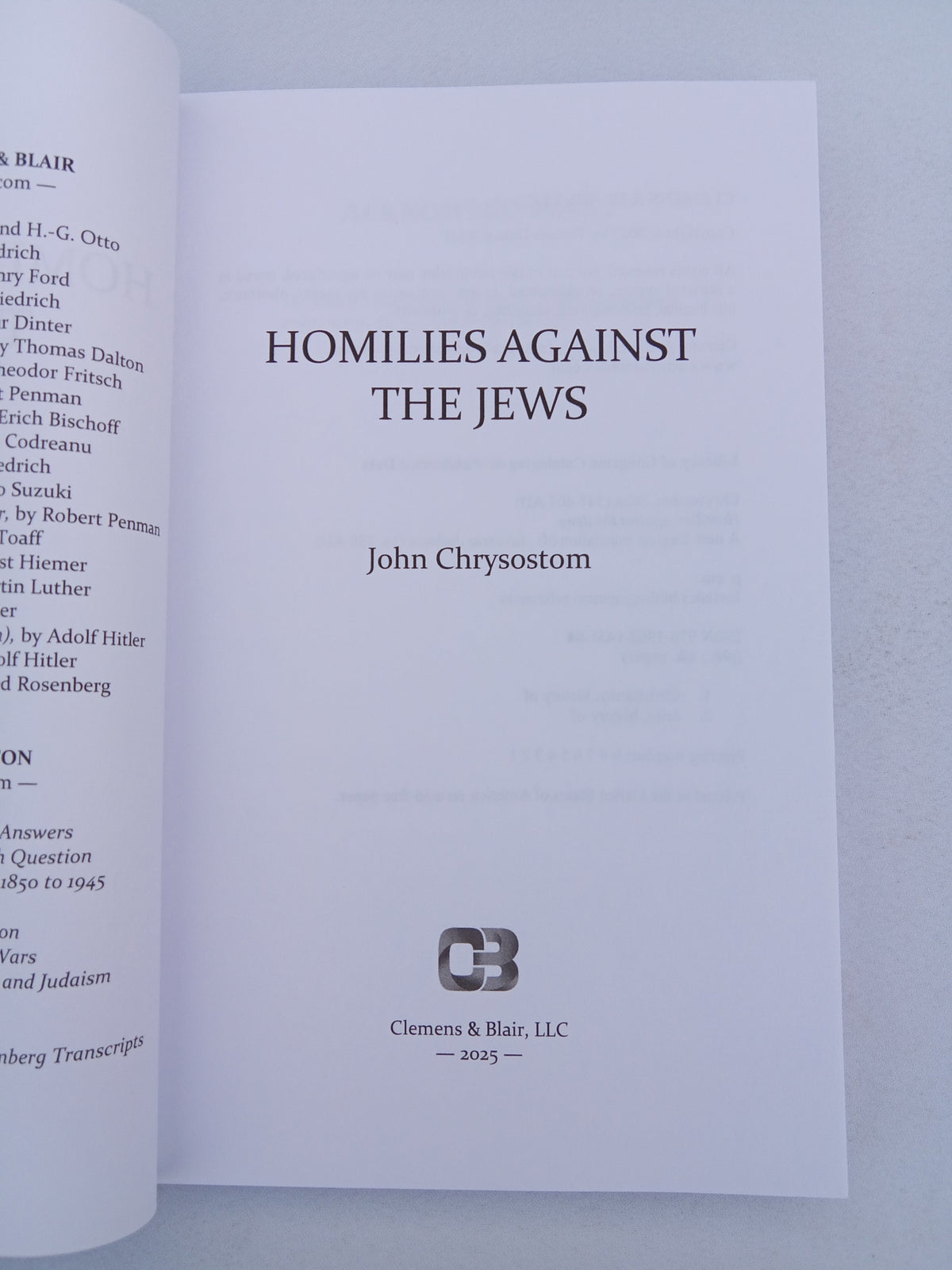 Homilies Against the Jews by John Chrysostom PB