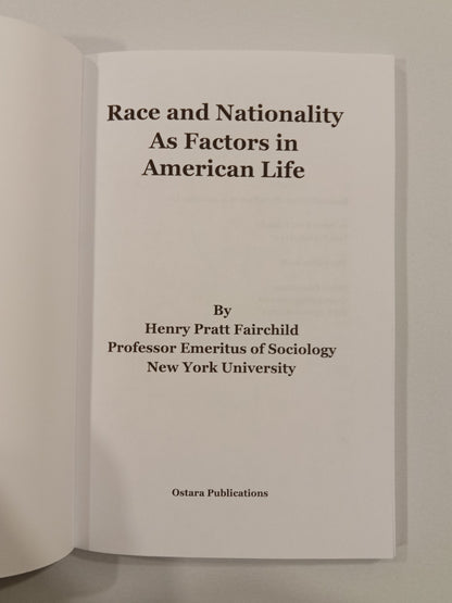 Race and Nationality: As Factors in American Life by Henry Fairchild PB