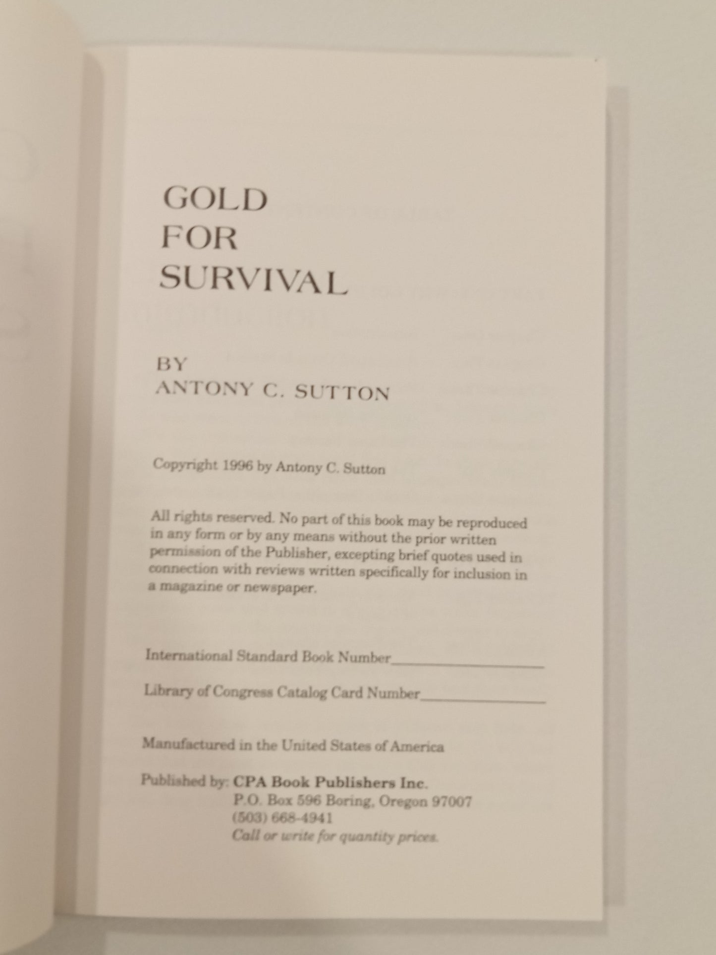 Gold for Survival by Antony Sutton