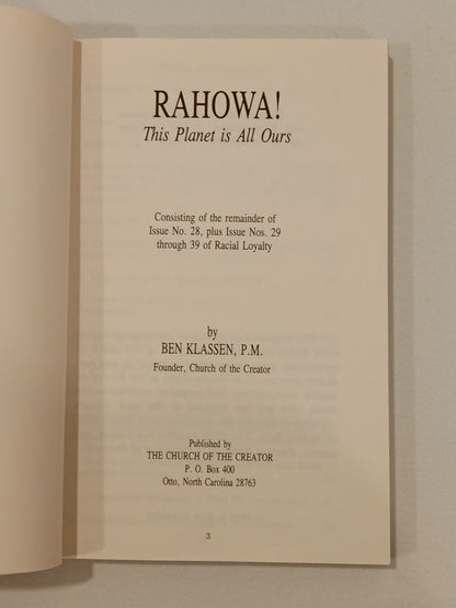 RaHoWa!: This Planet is All Ours by Ben Klassen PB