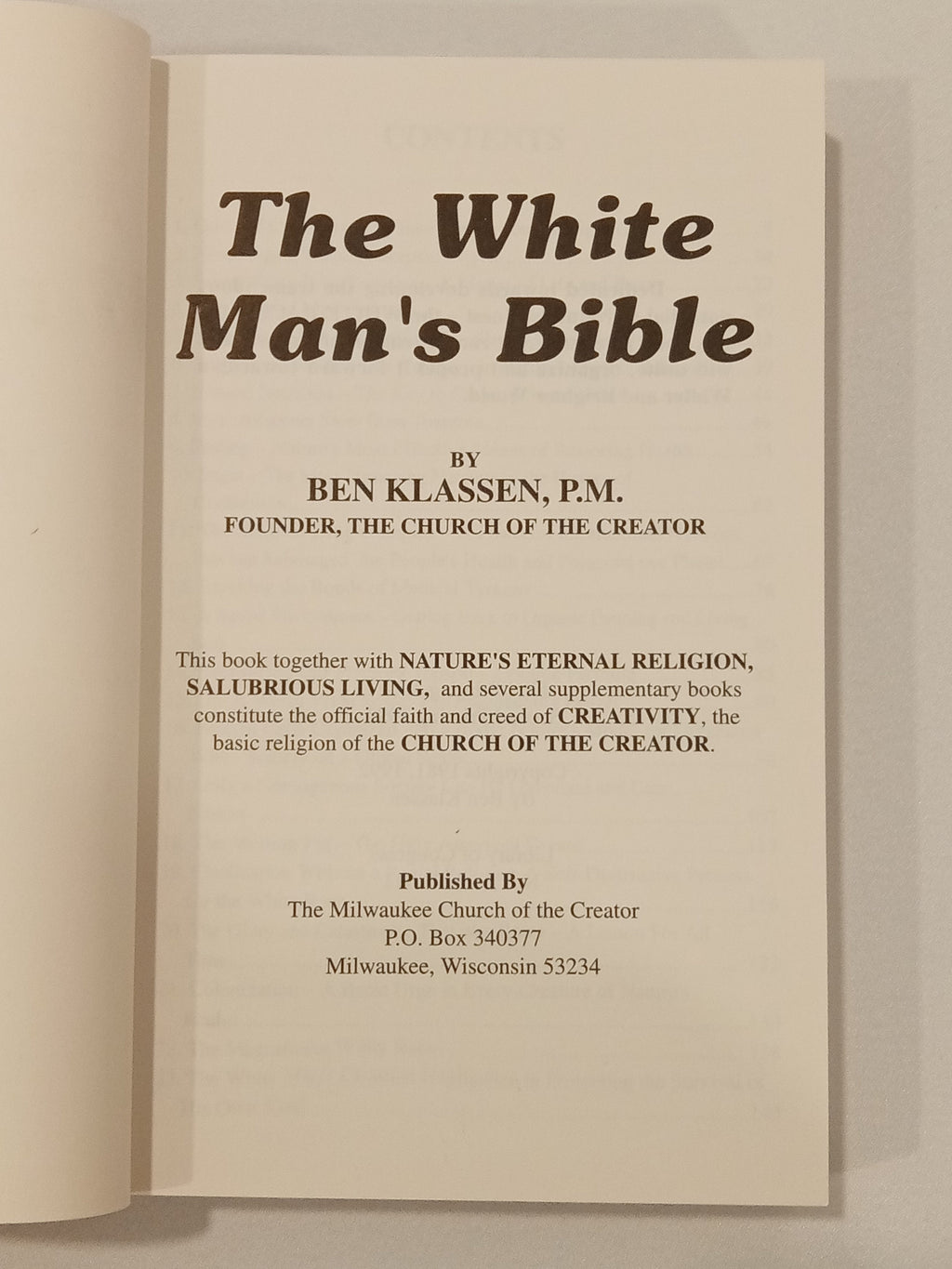 'White Man's Bible by Ben Klassen PB