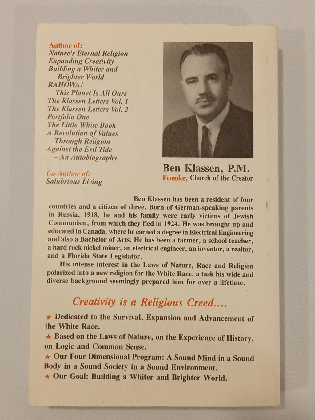 'White Man's Bible by Ben Klassen PB