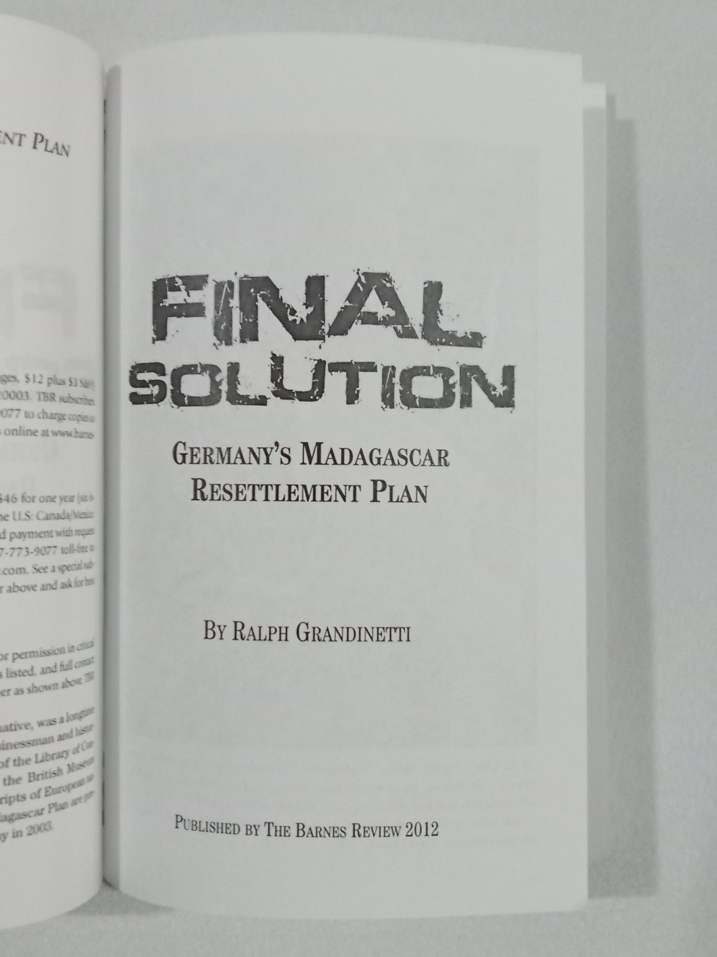 Final Solution: Germany's Madagascar Resettlement Plan by Ralph Grandinetti PB