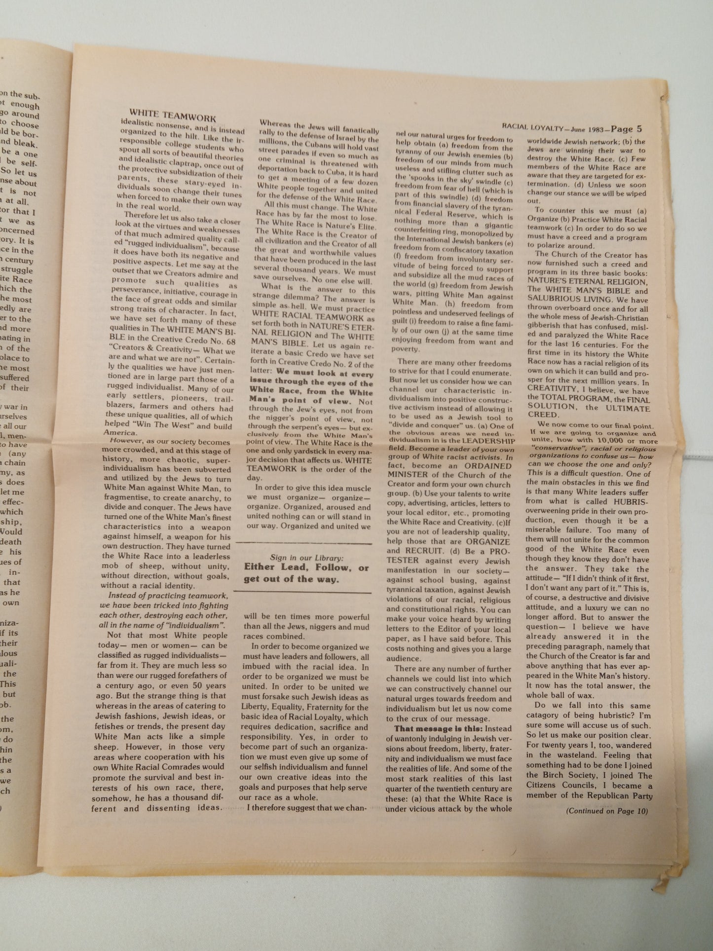 Racial Loyalty, Issue 1: 1983 by Ben Klassen NE
