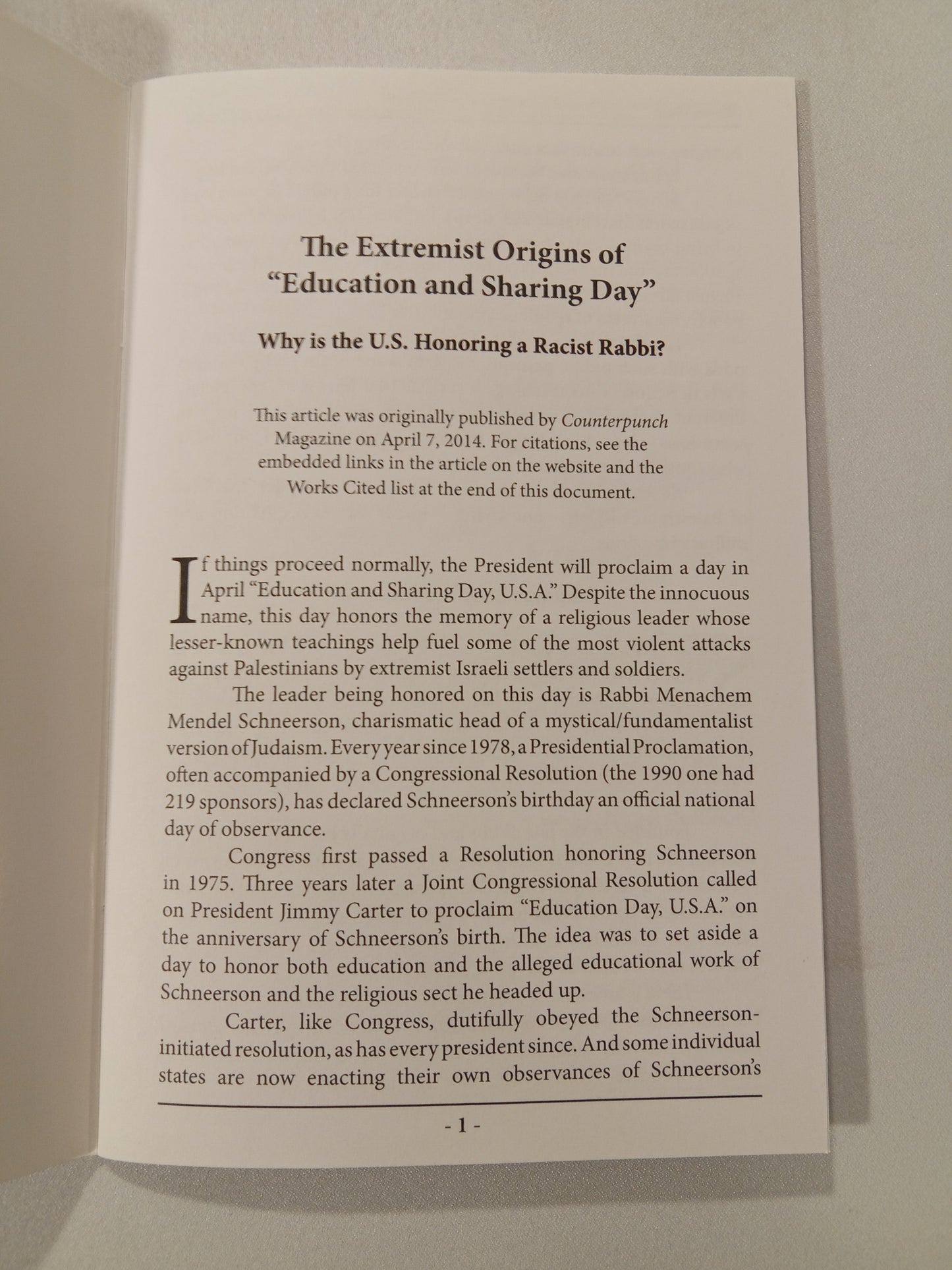 Extremist Origins of Education and Sharing Day: A Racist Rabbi by Alison Weir SB
