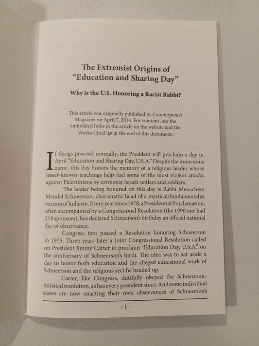 Extremist Origins of Education and Sharing Day: A Racist Rabbi by Alison Weir SB
