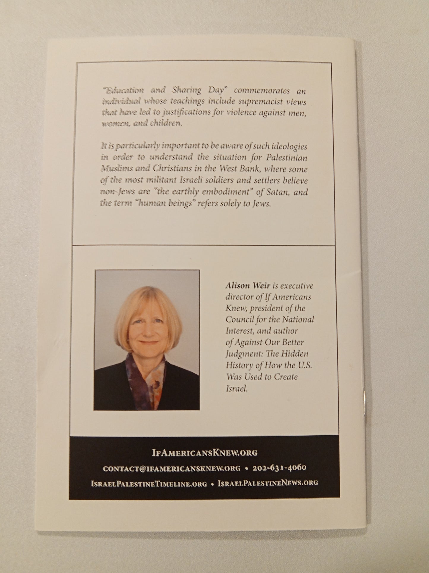 Extremist Origins of Education and Sharing Day: A Racist Rabbi by Alison Weir SB
