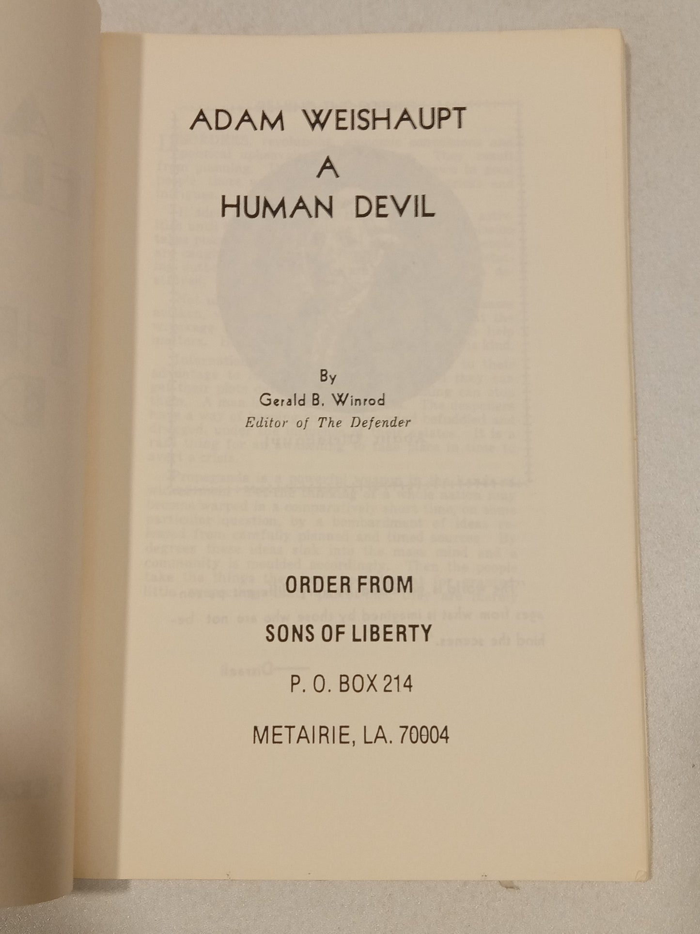 Adam Weishaupt: A Human Devil by Gerald Winrod SB