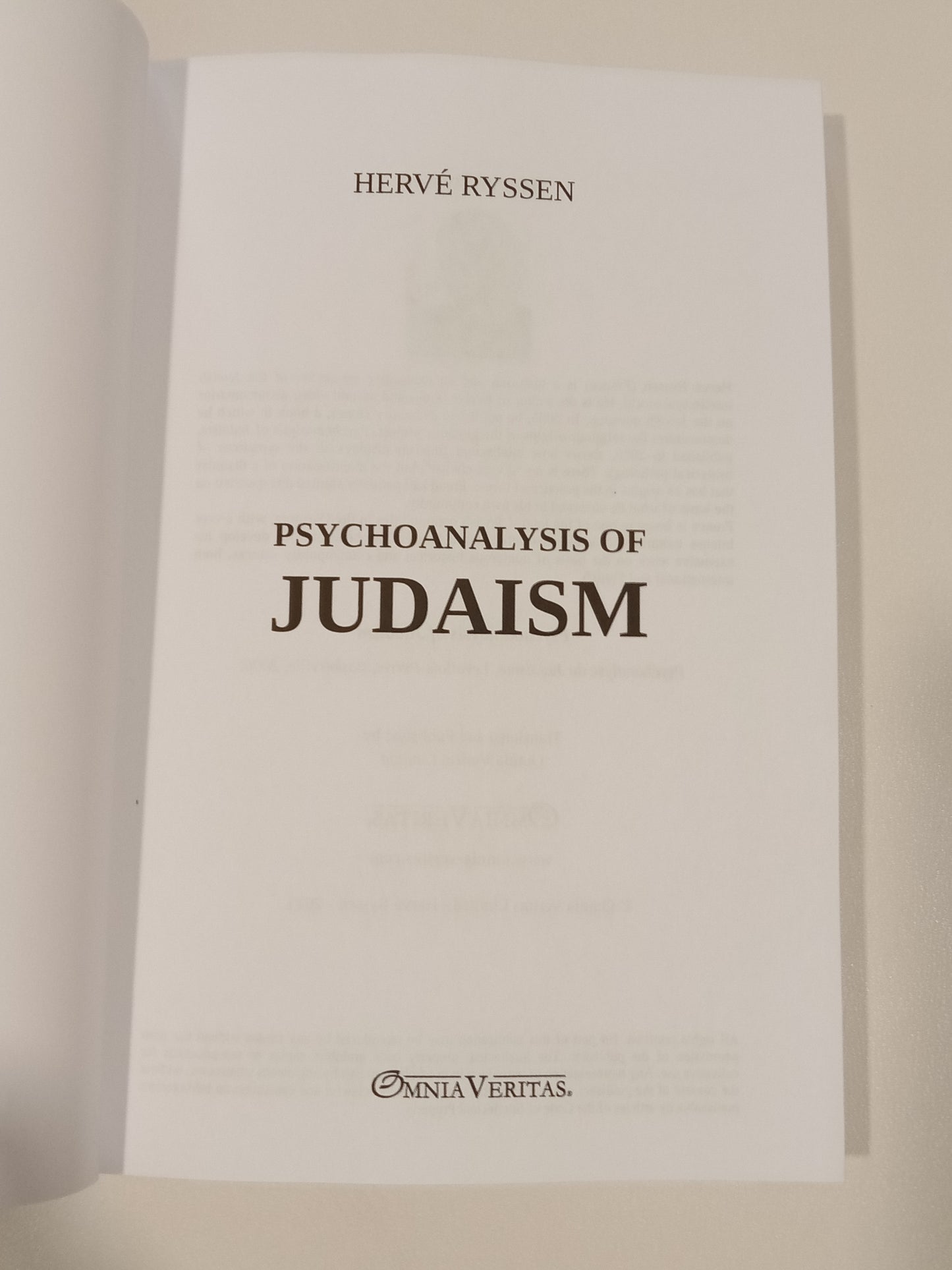 Psychoanalysis of Judaism by Herve Ryssen PB