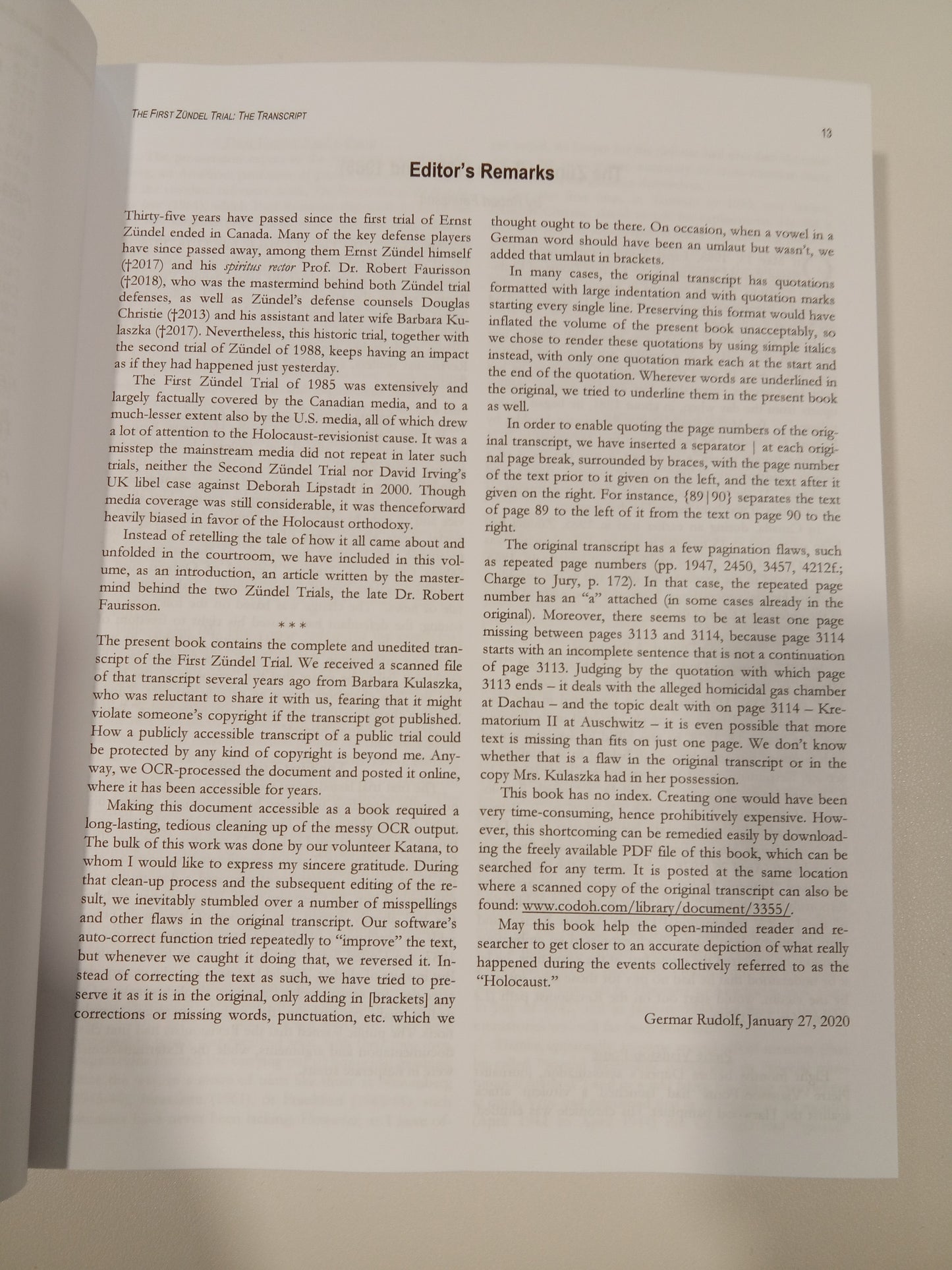 First Zundel Trial: The Transcript by Germar Rudolf PB