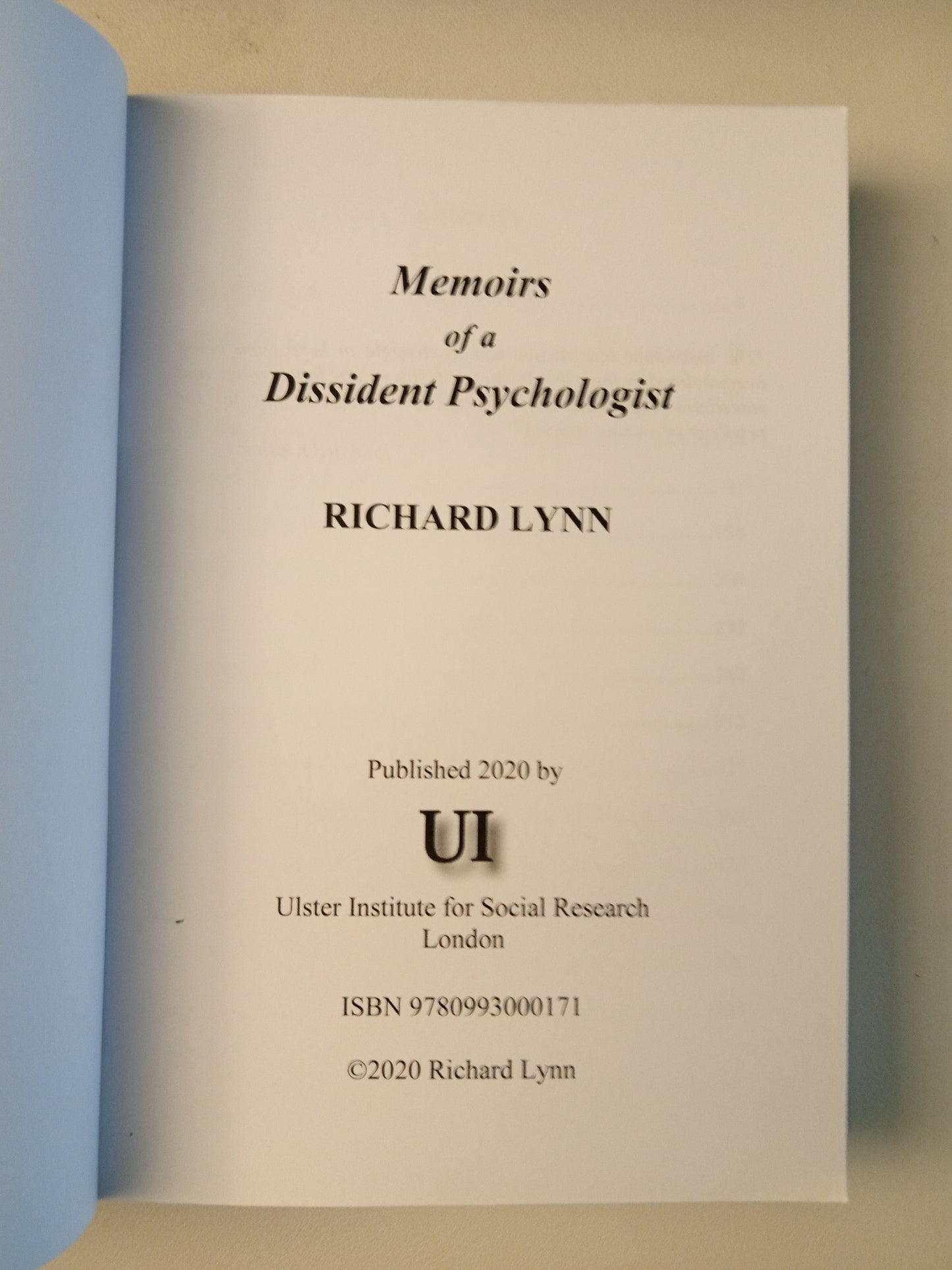 Memoirs of a Dissident Psychologist by Richard Lynn PB