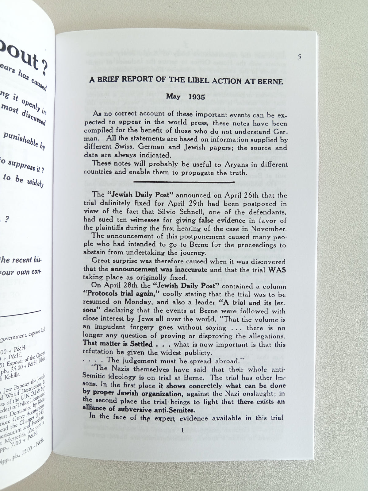 Jewish Libel Action at Berne and World Conspiracy by Des Griffin SB