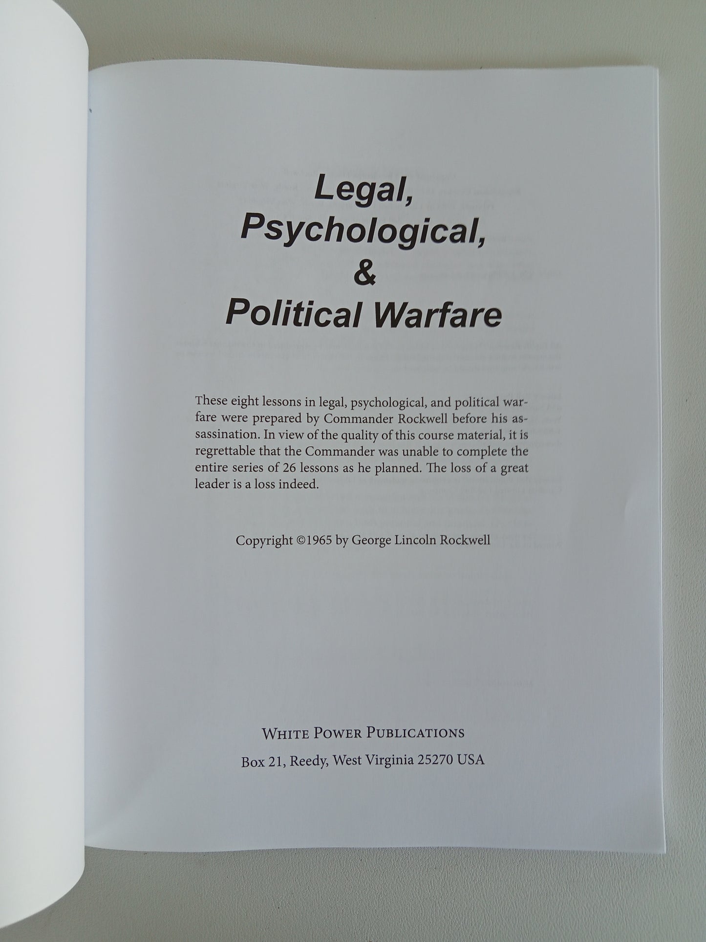 Legal, Psychological, and Political Warfare by George Rockwell PB