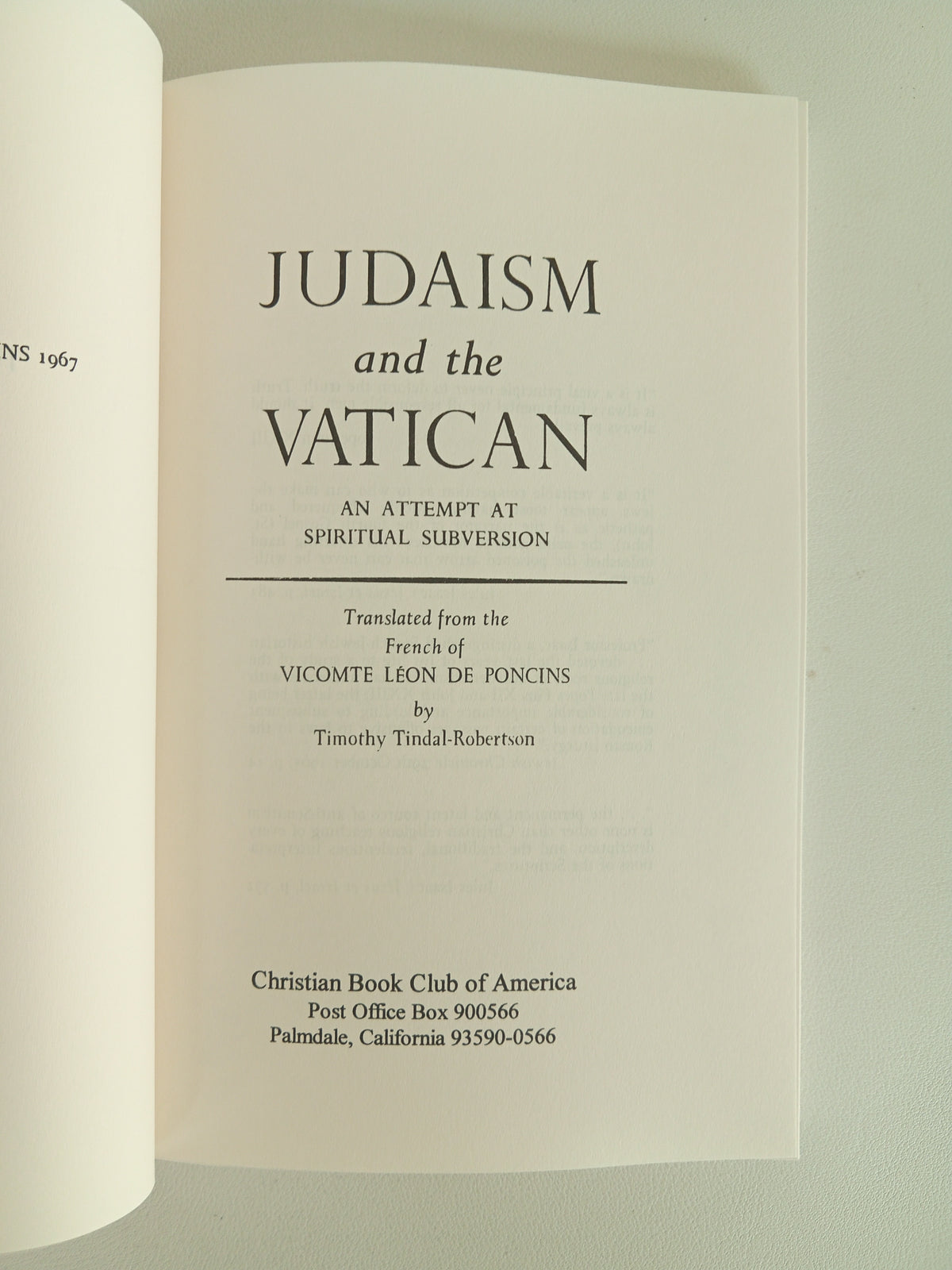 Judaism and the Vatican by Leon de Poncins PB